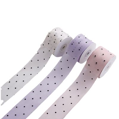 kualitas  25mm-50mm Organza Ribbon With Dot Pattern Printed Polyester Organza Ribbon OEM Eco Friendly pabrik