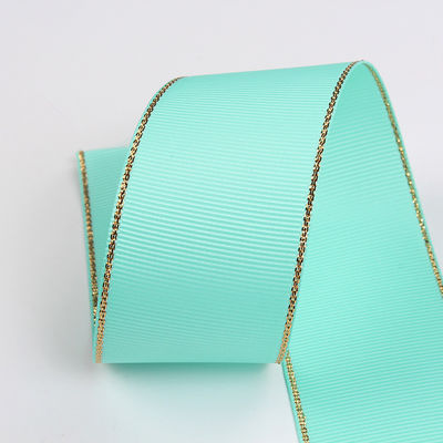 2.5cm Polyester Gold Edge Double Face Grosgrain Ribbon untuk Pohon Natal dan Genggam Tas