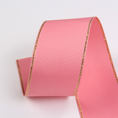 2.5cm Polyester Gold Edge Double Face Grosgrain Ribbon untuk Pohon Natal dan Genggam Tas