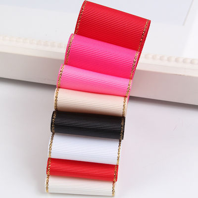 2.5cm Polyester Gold Edge Double Face Grosgrain Ribbon untuk Pohon Natal dan Genggam Tas