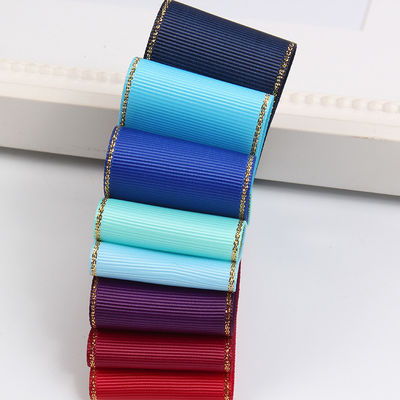 2.5cm Polyester Gold Edge Double Face Grosgrain Ribbon untuk Pohon Natal dan Genggam Tas