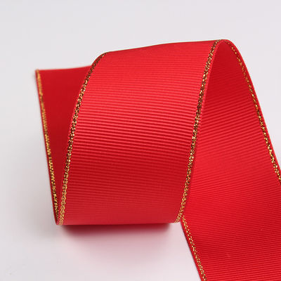 2.5cm Polyester Gold Edge Double Face Grosgrain Ribbon untuk Pohon Natal dan Genggam Tas