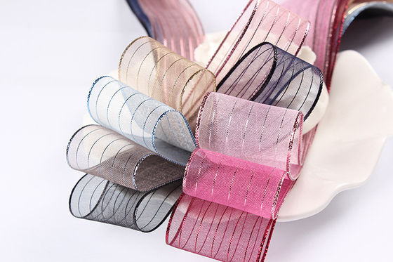 10mm-25mm Gold Line Striped Polyester Organza Ribbon untuk pembungkus hadiah dan kotak Pengemasan atau Ribbon Bow