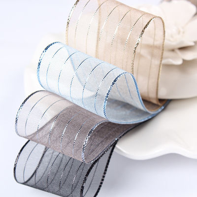10mm-25mm Gold Line Striped Polyester Organza Ribbon untuk pembungkus hadiah dan kotak Pengemasan atau Ribbon Bow