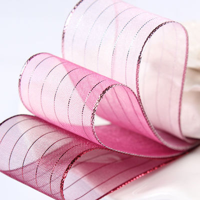 10mm-25mm Gold Line Striped Polyester Organza Ribbon untuk pembungkus hadiah dan kotak Pengemasan atau Ribbon Bow