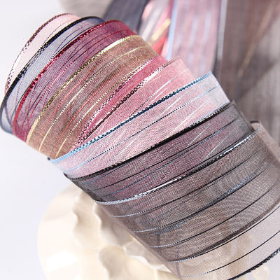 10mm-25mm Gold Line Striped Polyester Organza Ribbon untuk pembungkus hadiah dan kotak Pengemasan atau Ribbon Bow