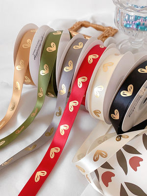 16mm Heart Pattern Gold Foil Printed Ribbon Untuk Pengemasan Hadiah Dan Dekorasi