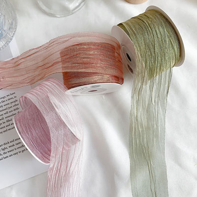 Polyester 38mm Organza Ribbon Eco Friendly Warna Pink Putih Organza Ribbon