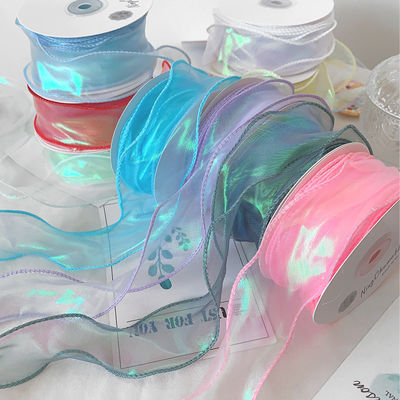 40mm Polyester Organza Ribbon dengan tepi satin Pink Organza Ribbon
