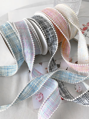 25mm Polyester Ribbon Lattice Plaid Ribbon Pearl Edge OEM ODM